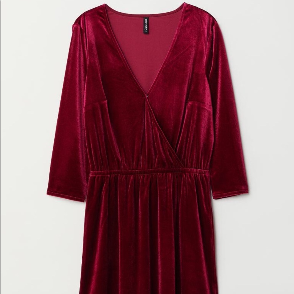 H&M Divided Red Velvet V-Neck Dress